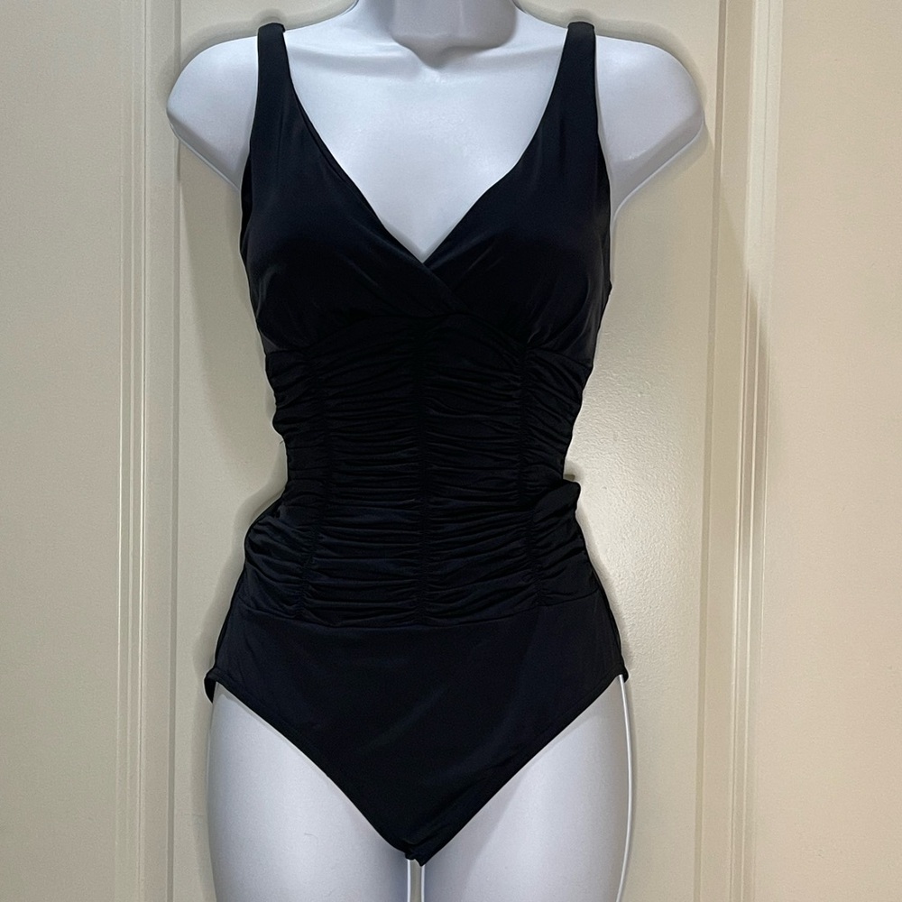 David London Black One-Piece Swimsuit Ruched Size 10